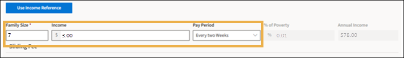 Household Income Tab with yellow highlight boxaround the Family Size, Income, and Pay Period.